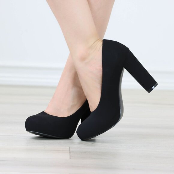 Classic Black Platform Block High Heels Slip On Round Toe Office Pumps Nubuck - Picture 4 of 12